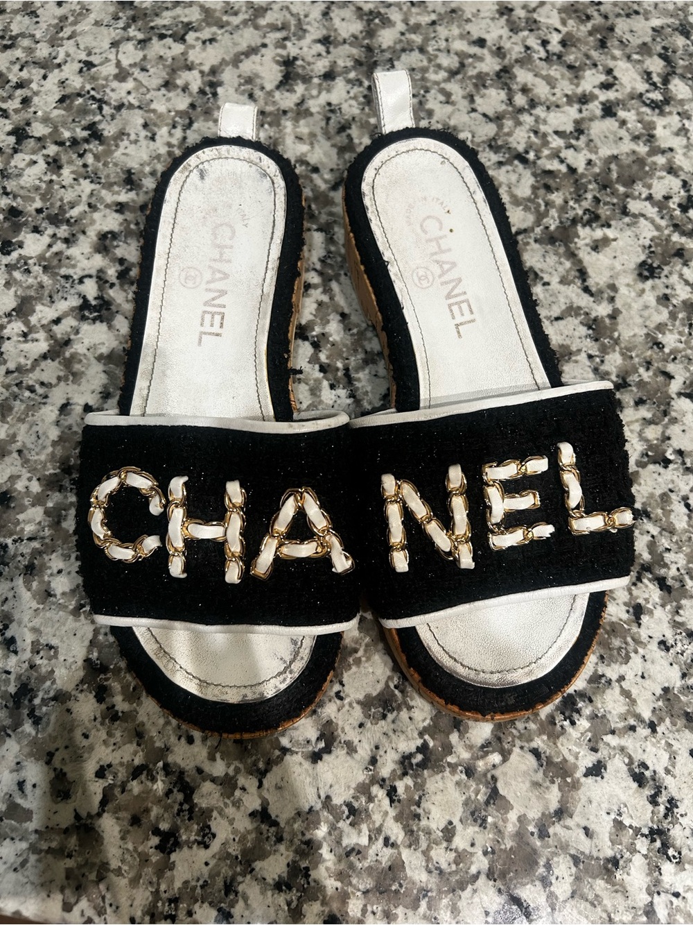 CHANEL Black Slide Mules with Gold Chain Logo